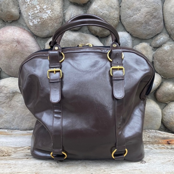 IMAN Brown Faux Leather Double Handle Satchel Travel Bag - Picture 2 of 7